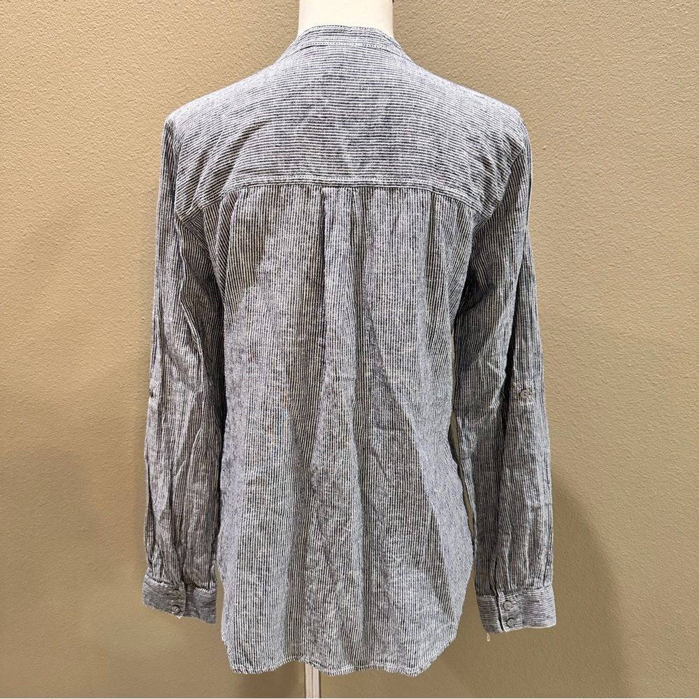 Button-Up Shirt Eileen Fisher Navy Striped Organic Cotton Hemp Mandarin Collar - Picture 12 of 15